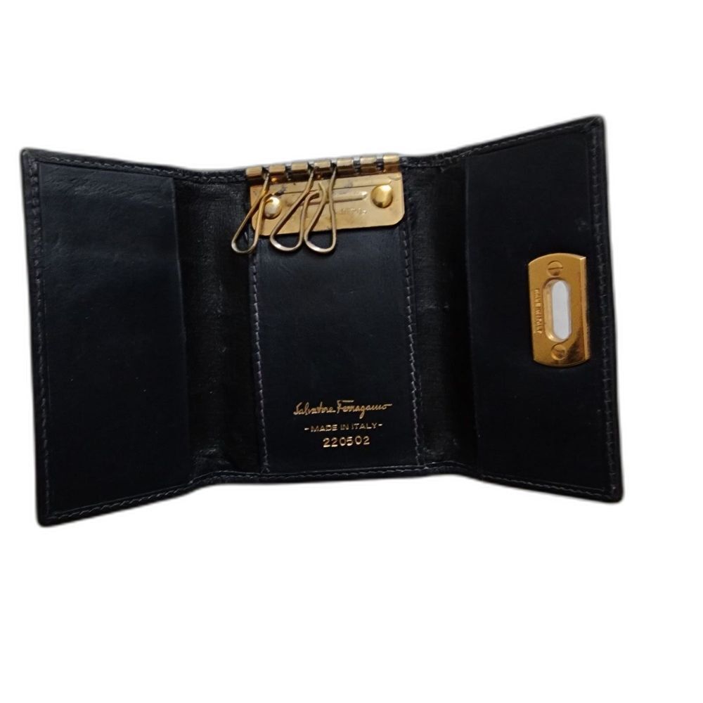 Salvatore Ferragamo Black Leather Gancini Trifold Key Case Wallet Italy - Picture 3 of 7
